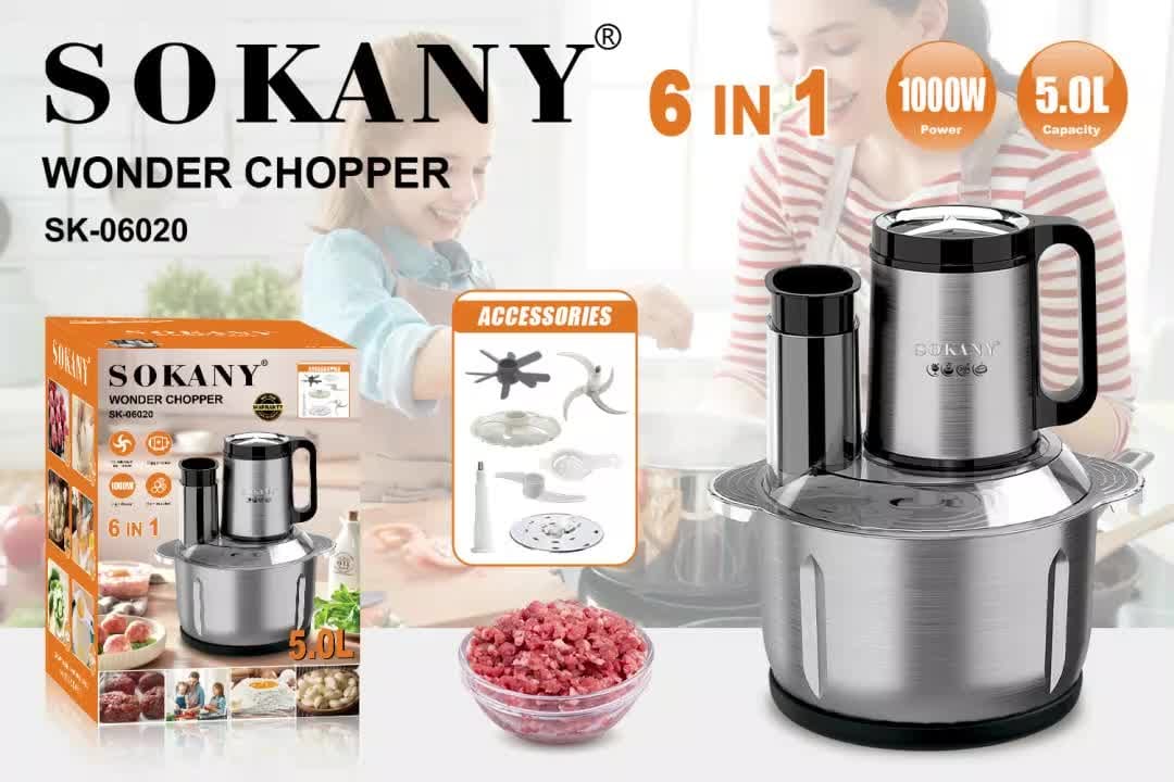 Mixeur-Hachoir multifonctions SOKANY 6en1, 5 Litres, 6 Lames et 1000W